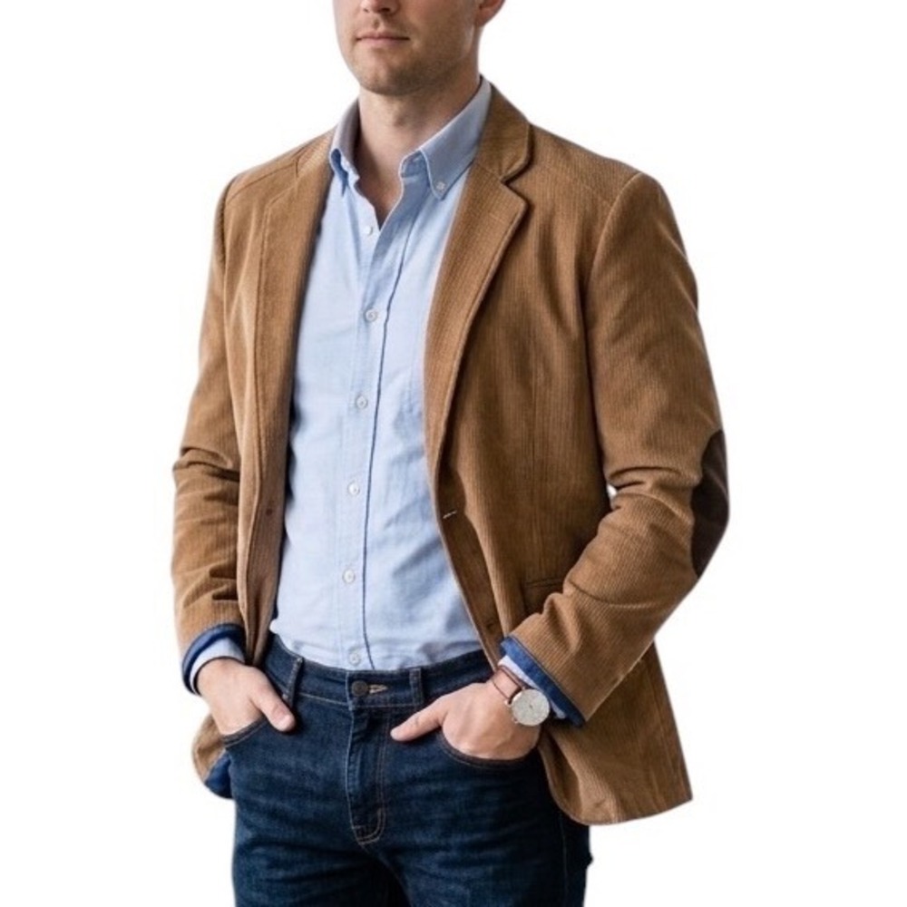 LV Tan Corduroy Blazer Mens Brown Elbow Patches Striped Lining Two Button Jacket